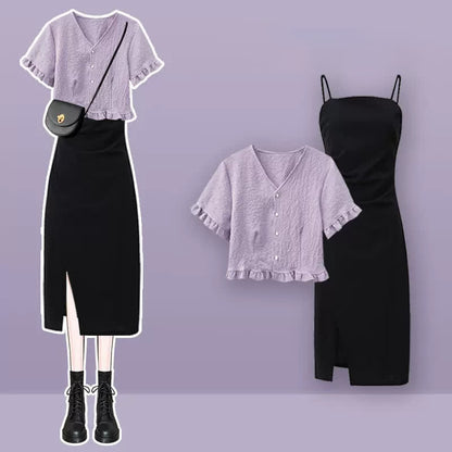 Split Slip T-Shirt Dress Ruffled V-neck