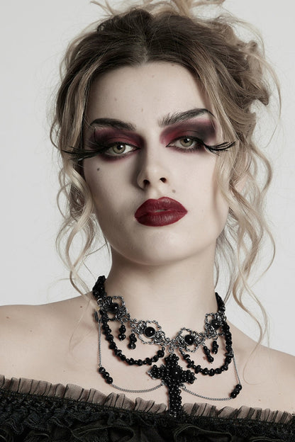 Beaded Cross Black Asymmetric Punk Necklace Women's