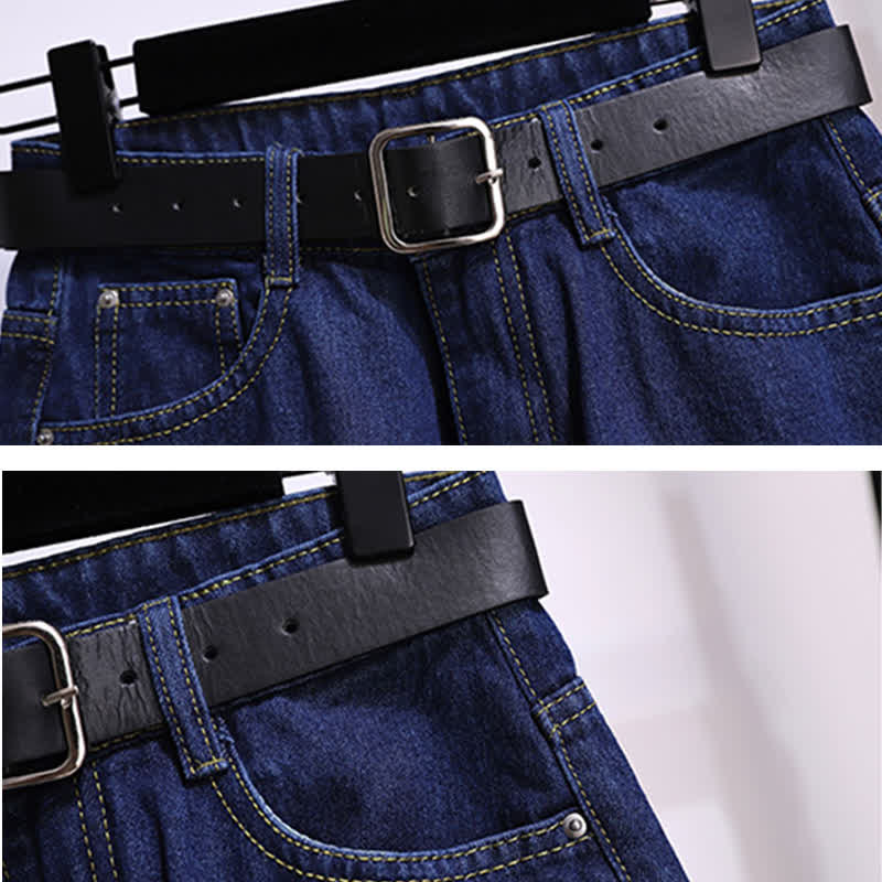 Lapel Shorts T-Shirt Colorblock Denim Belted