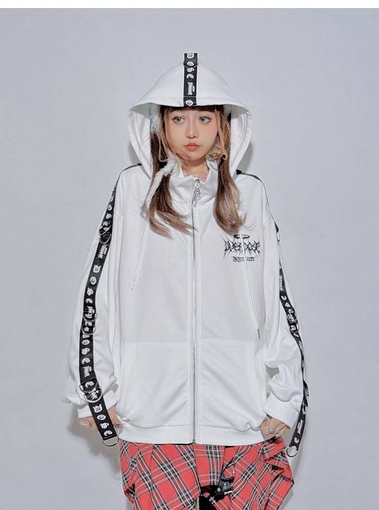 WhitePunkHigh-NeckHooded Loose Jacket