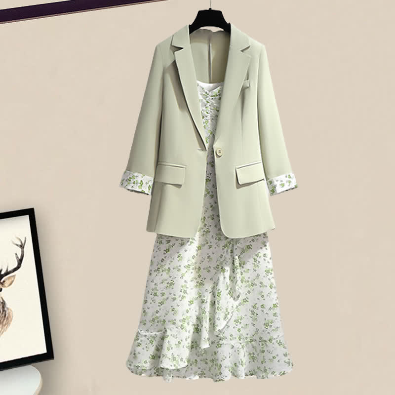 Slip Green Print Floral Dress Set