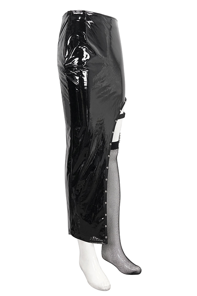 Patent Leather Asymmetric Black Punk Skirt with Mesh Stocking