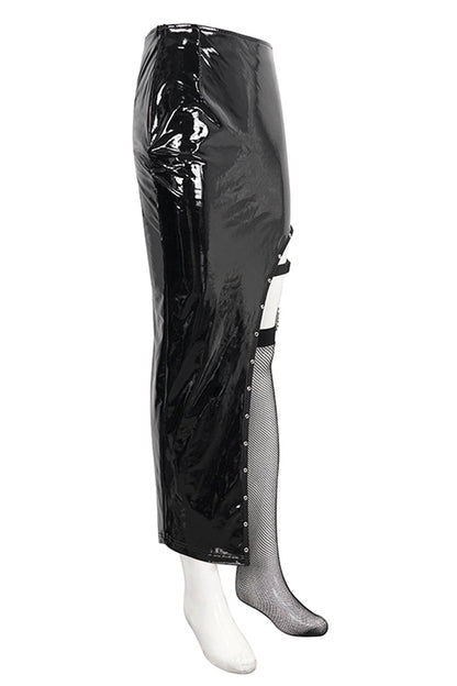 Patent Leather Asymmetric Black Punk Skirt with Mesh Stocking
