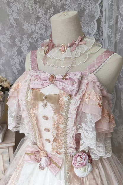 Rose Moonlight Melody Off Shoulder Sleeveless Layered Bride Open Front Bow Lace Gorgeous JSK Set