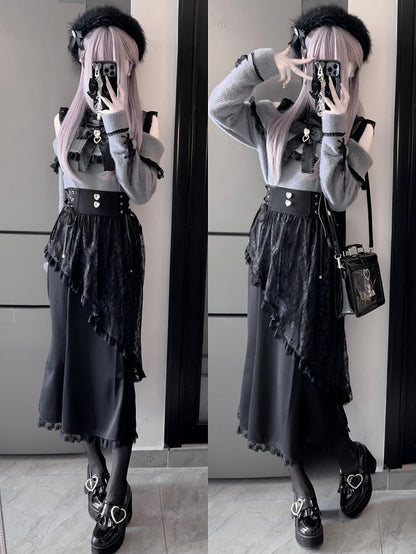 Jirai Kei Grey and Black Illusion Cutout Shoulder Landmine Sweater