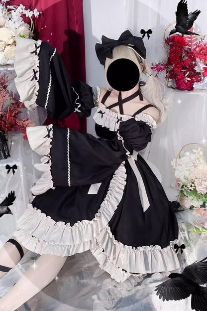 High-Waisted Asymmetric Ruffled Bowknot Gothic JSK