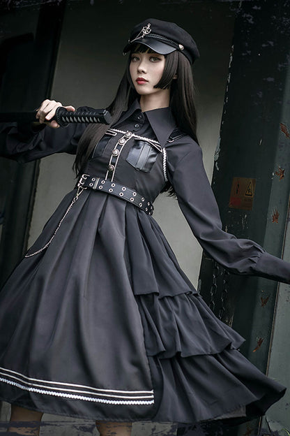 Dark V-Neck Military Lolita JSK Dress with Rivets and Epaulettes