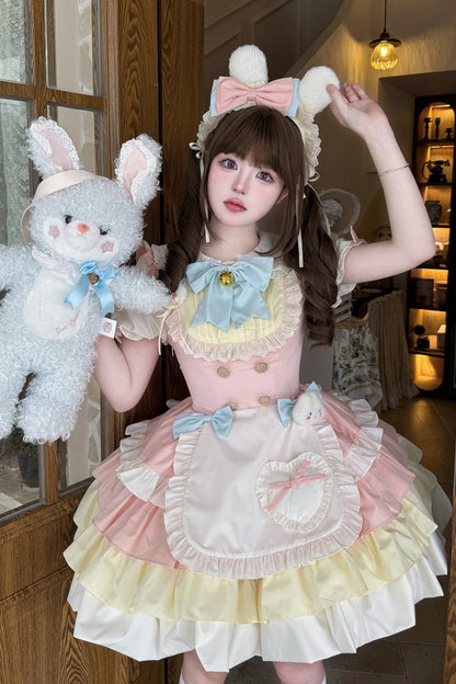 Cream Puffs Short Sleeve Layered Ruffle Bow Sweet Lolita Gown in Yellow Pink