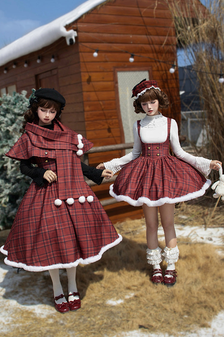 Crimson Striped Tartan Print Autumn Winter Fishbone Sweet Corset Lolita Dress