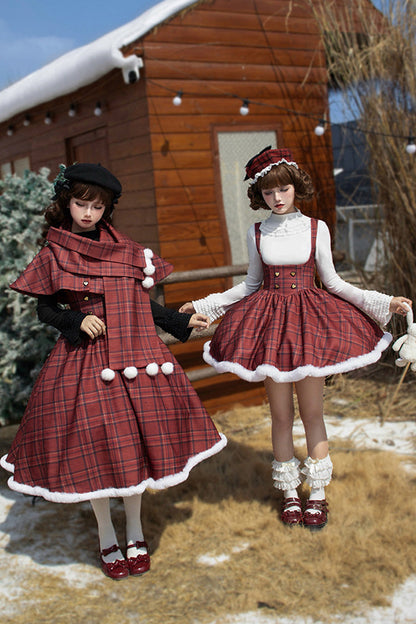 Crimson Striped Tartan Print Autumn Winter Fishbone Sweet Corset Lolita Dress