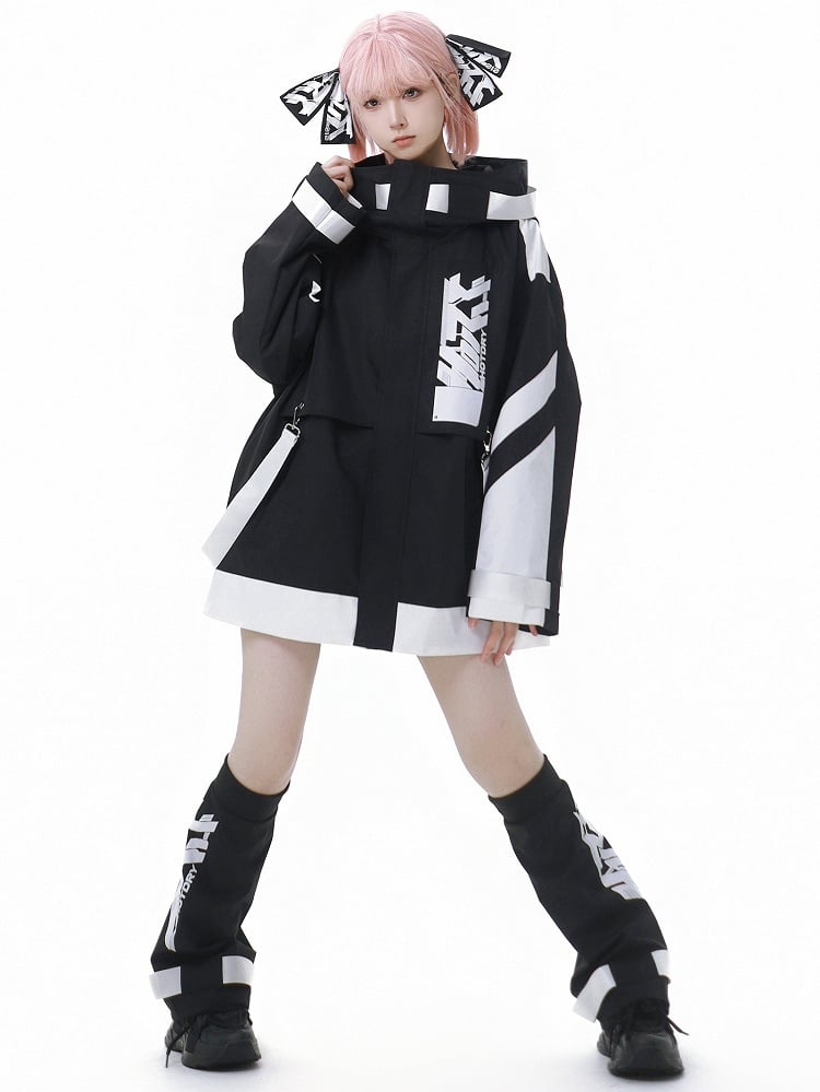 Black and White Jirai Kei Techwear Straps Hooded Windbreaker Jacket