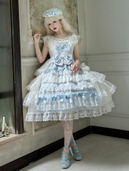 White and Blue Hanayome Bows Decoration Tiered Skirt Hime Lolita Dress