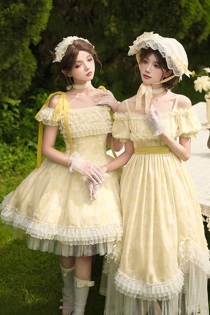 Golden Square-Collar Short-Sleeve Ruffled Lace Long Gown
