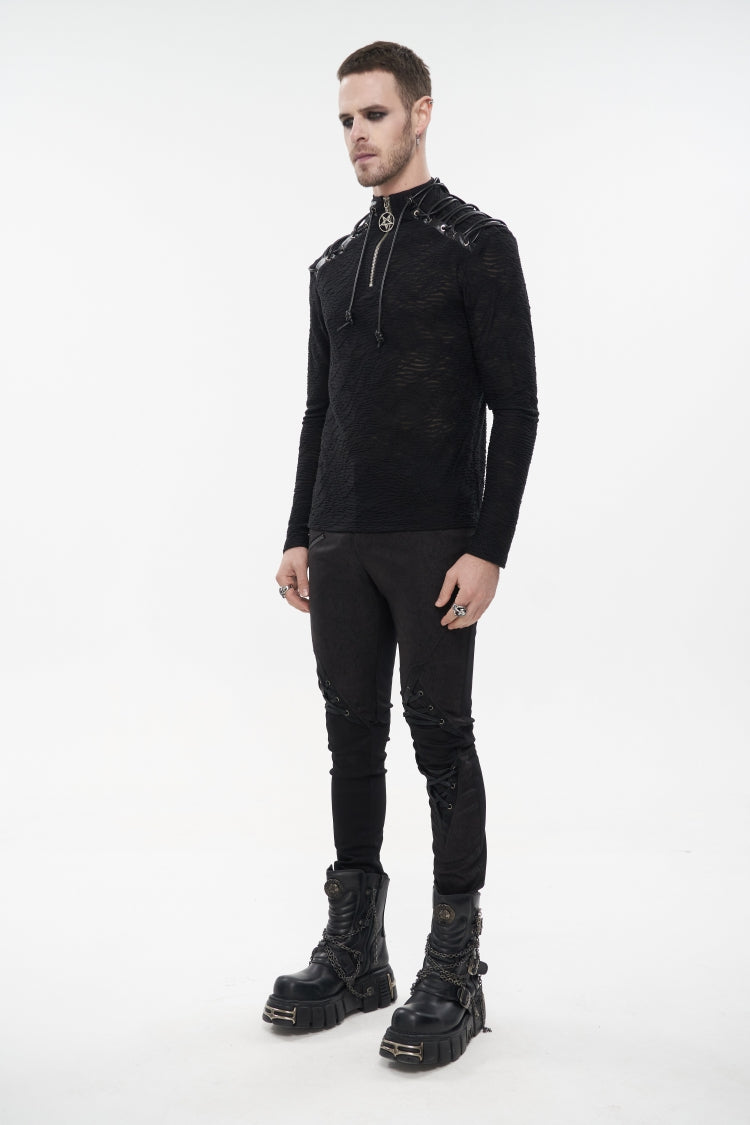 High Collar Lace-Up Pentagram Embellished Long Sleeve Tee