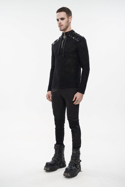 High Collar Lace-Up Pentagram Embellished Long Sleeve Tee