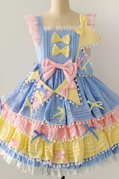 Cute Candy Bow Sweet Lolita JSK with Pennant in Yellow Blue Pink