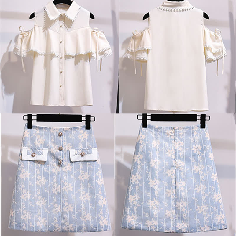 Cold Shoulder Chiffon Shirt Floral Print Skirt