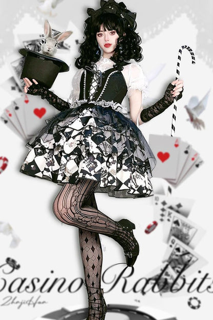 Black White Board Games Triple-Layer Print Ruffle Vintage Lolita Skirt