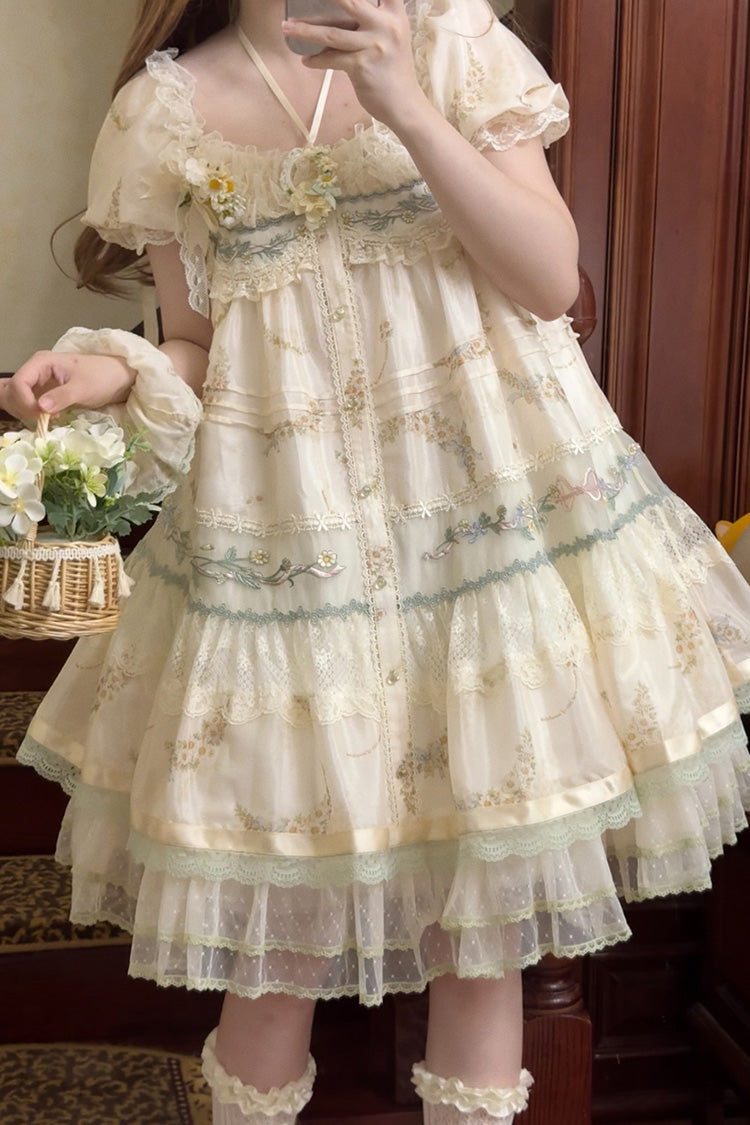 Multicolor Daisy Poetry Print Ruffle Lace Sweet Dress