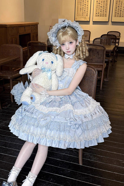 Blue Super Cute Belia Sleeveless Triple-Layered Ruffle Bowknot Lace Sweet Elegant Lolita Jsk Dress