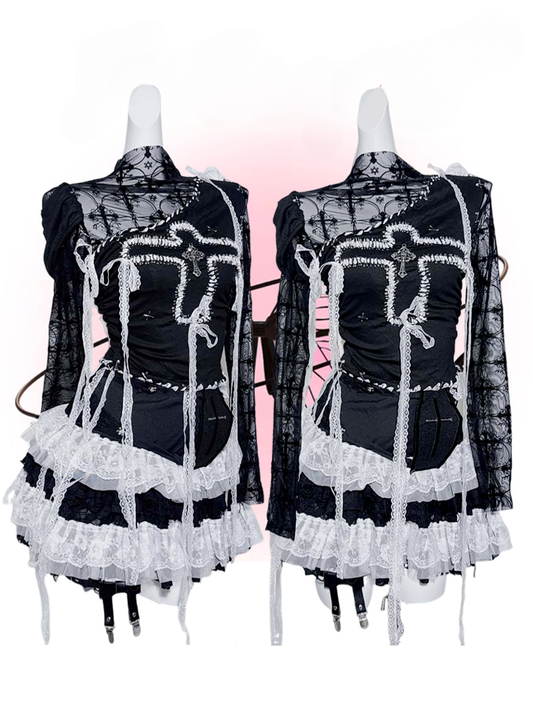 GothicBlack Illusion NecklineContrast Lace TrimCrossPinDesign Top