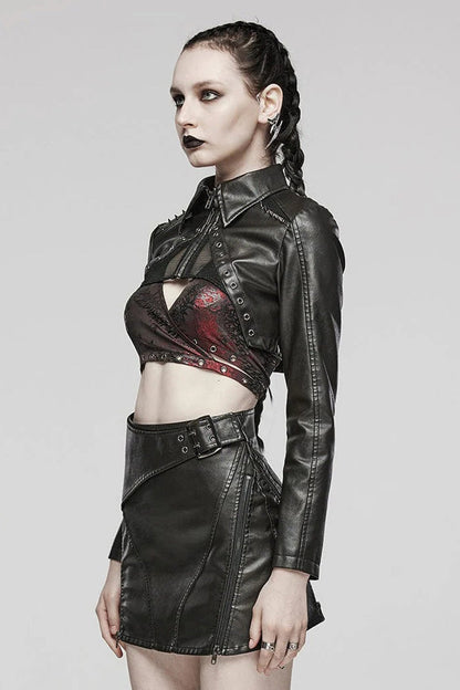 Women's Steampunk Short Coat with Long Sleeves and Hollow Stitching in Black Faux Leather