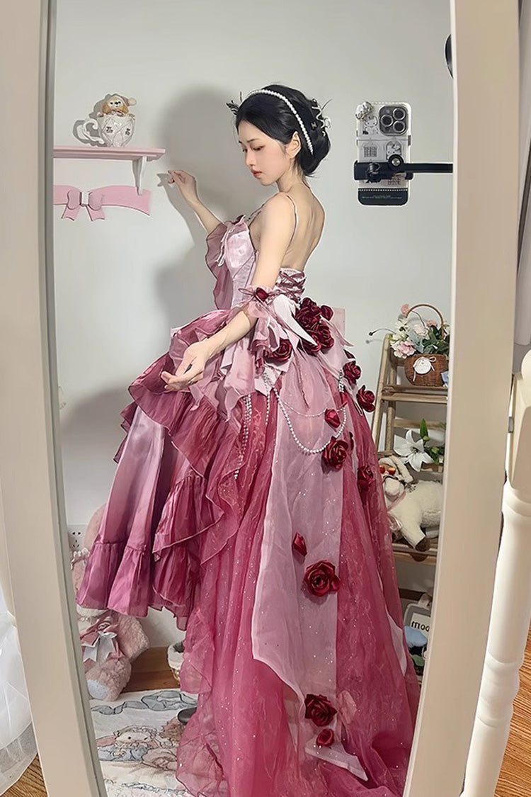 Plum Red Embroidery Lace-Up High-Low Sweet JSK Dress