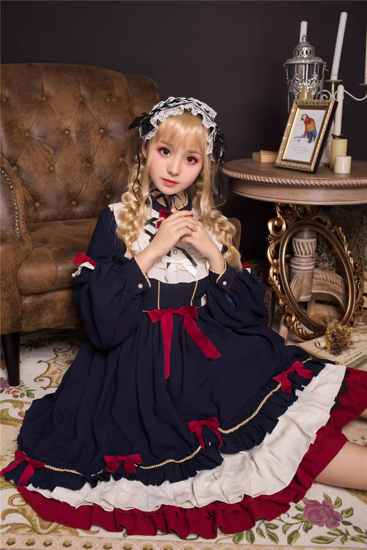 Blue Long Sleeves Ruffle Bow Daily Sweet Princess Lolita Dress