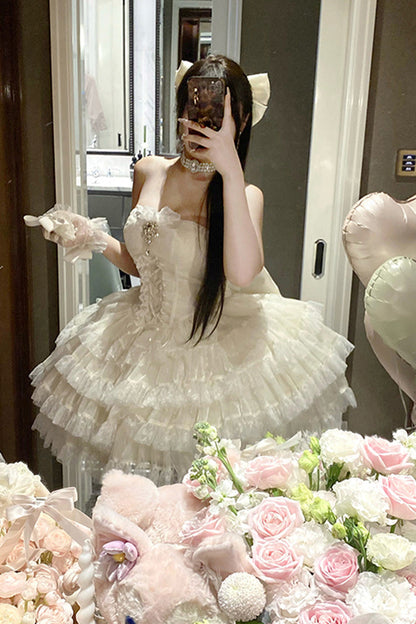 Heartbeat at First Sight Off-Shoulder Sleeveless Multi-Layered Ruffle Bowknot Lace Lace-Up Sweet Princess Gorgeous Lolita Dress in Beige