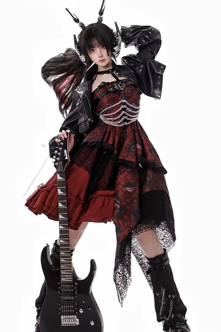 Sleeveless Printed Gothic JSK Dress with Asymmetric Ruffled Lace - Strawberries of Blood and Tears