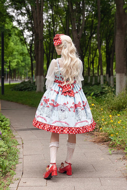Mushroom-Print Bow-Adorned Ruffled Sweet Lolita Dress in Two Colors