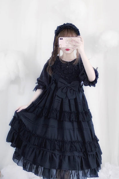 Black Lace Angel Short-Sleeved Bow-Trim Ruffled Gothic Lolita Dress