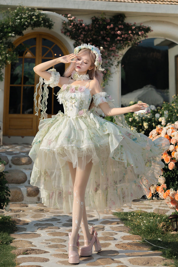 Emerald Layered Fishbone Lace-Up Lolita JSK - Spring Rose
