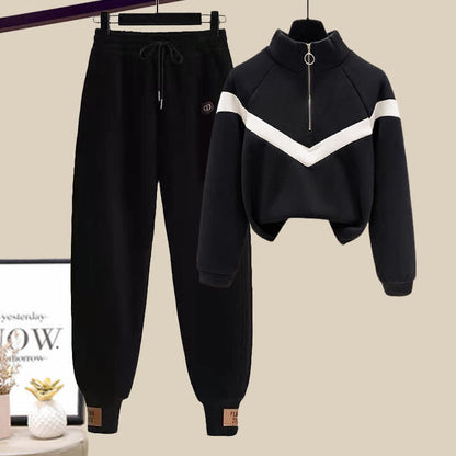 Sweatshirt Draw Zipper Pocketed String Pants Casual