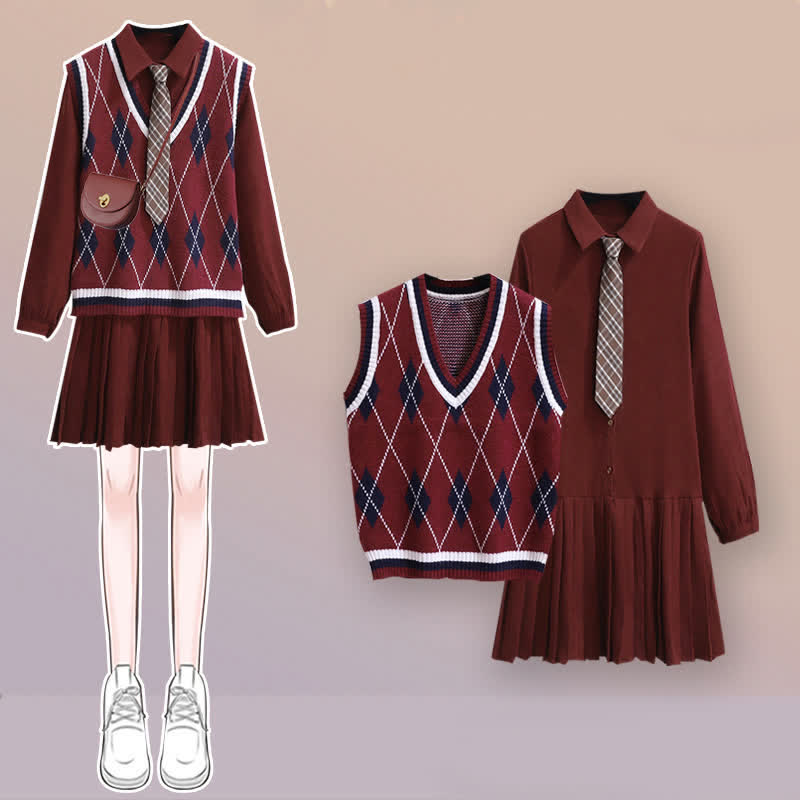 Lapel Tie Pleated Shirt Dress Rhombus Print Vest Set