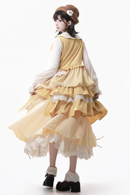 Orange Diary Layered Print Embroidered Bow Lace Asymmetric Sweet Lolita Jumper in Yellow