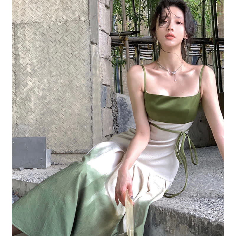 Spring Lapel Print Dress Slip Shirt Loose Green Vintage