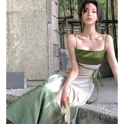 Spring Lapel Print Dress Slip Shirt Loose Green Vintage