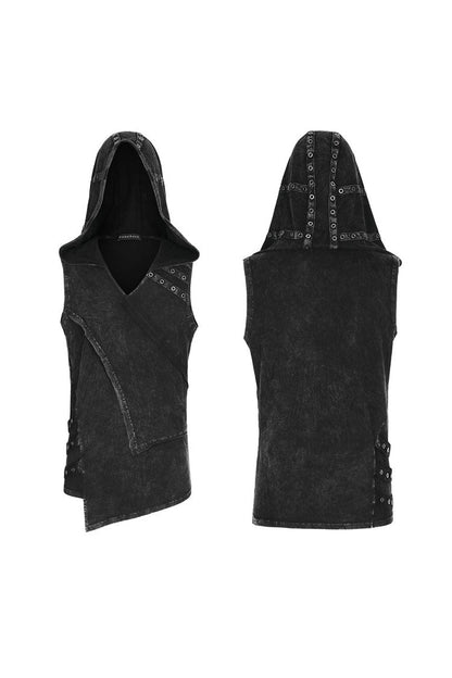 Hooded Punk Tank Top with Asymmetric Cut - NoirEdge