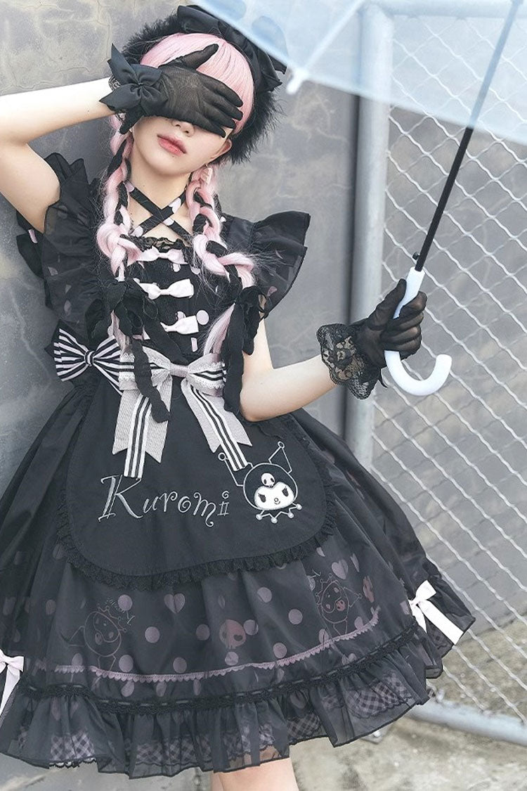 Black Short Sleeves Kulomi Print Ruffle Bow Sweet Lolita Dress
