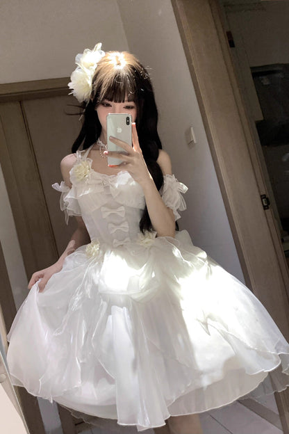 White Cindy Rose Halterneck Sleeveless Ruffle Bowknot Sweet Elegant Lolita Jsk Dress