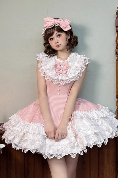 Rose Miss Tsundere Sleeveless Layered Ruffle Bow Lace Asymmetrical Princess Sweet Dress