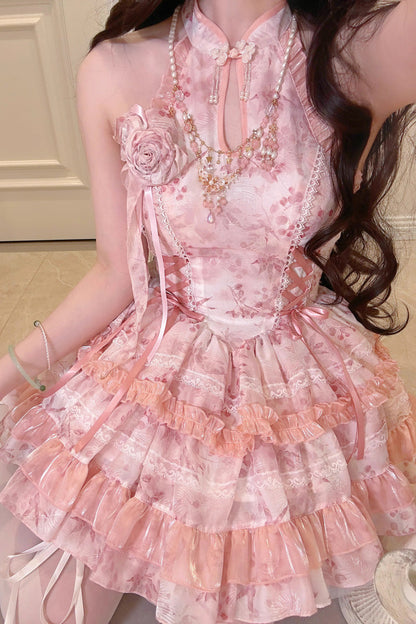 Peach Moon Bamboo Halterneck Print Ruffle Dress - Chinese Lolita Style