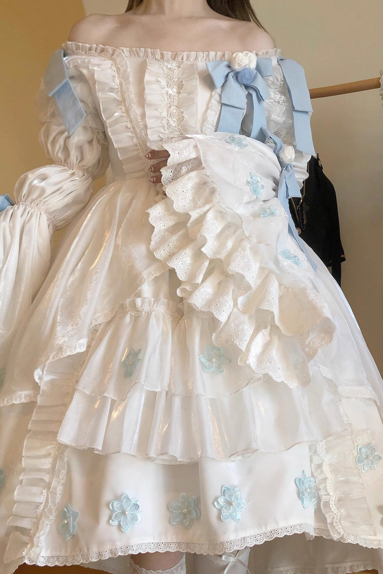 White Boat-Neck Multi-Layer Ruffled Hanayome Bow-Trim Sweet Princess Lolita Strapless Dress