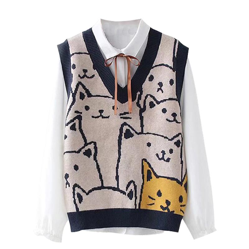 Ensemble gilet et chemise à lacets avec imprimé chat mignon