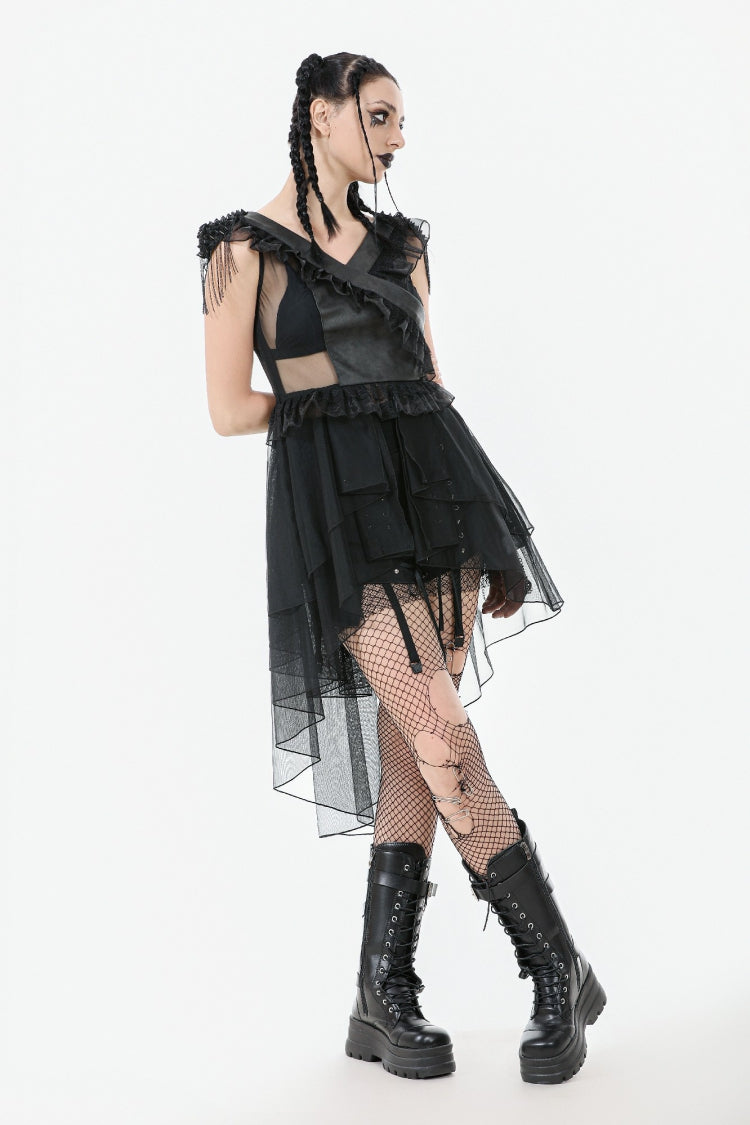 Jet V-Neck Sleeveless Multi-Tiered Ruffled Sheer Mesh Dress