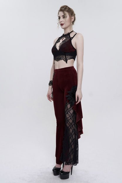 Velvet Single Side Stitching Rose Net Side Rope Flare Gothic Pants
