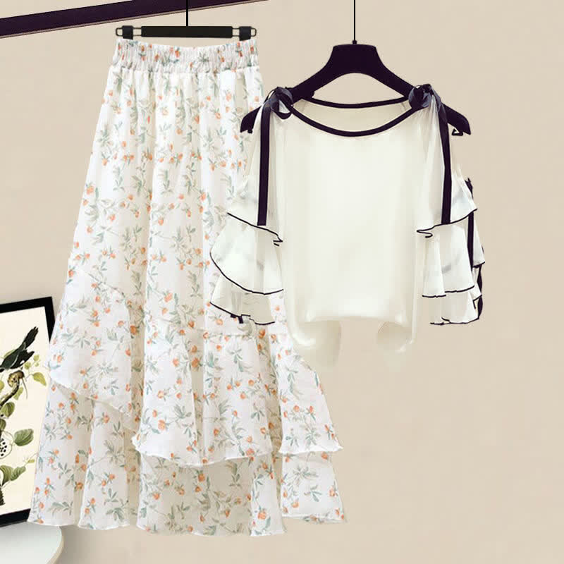 Floral Print Shoulder Chiffon Shirt Flowers Skirt