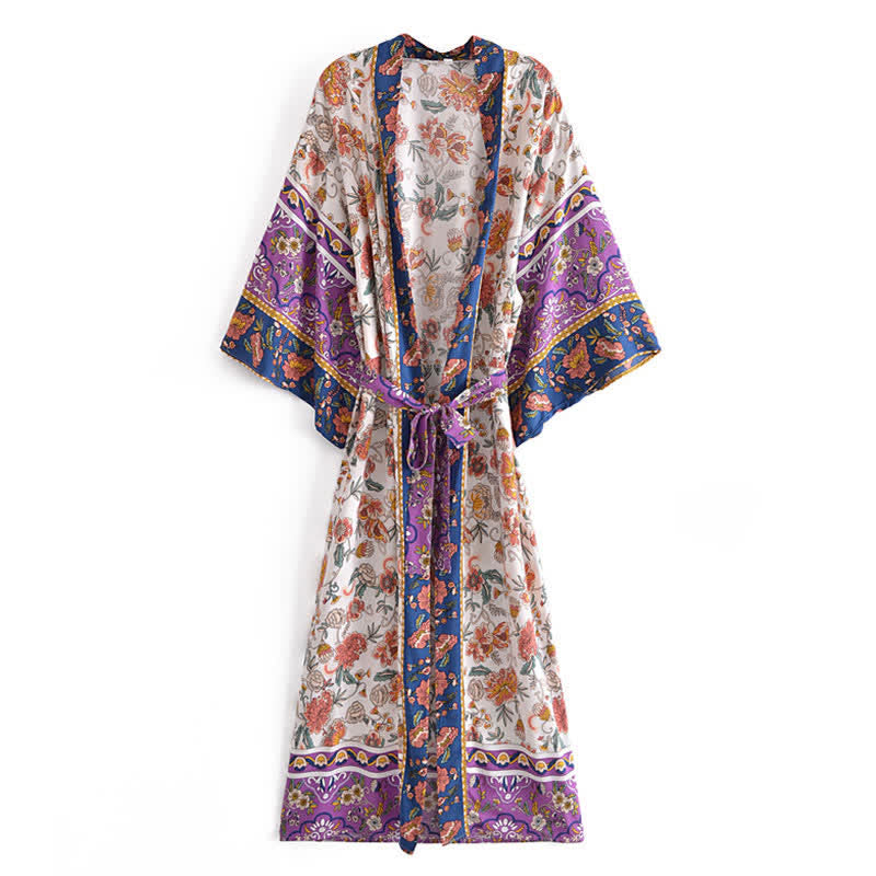 Boho Beach Print Belt Robe Long Cardigan Outerwear