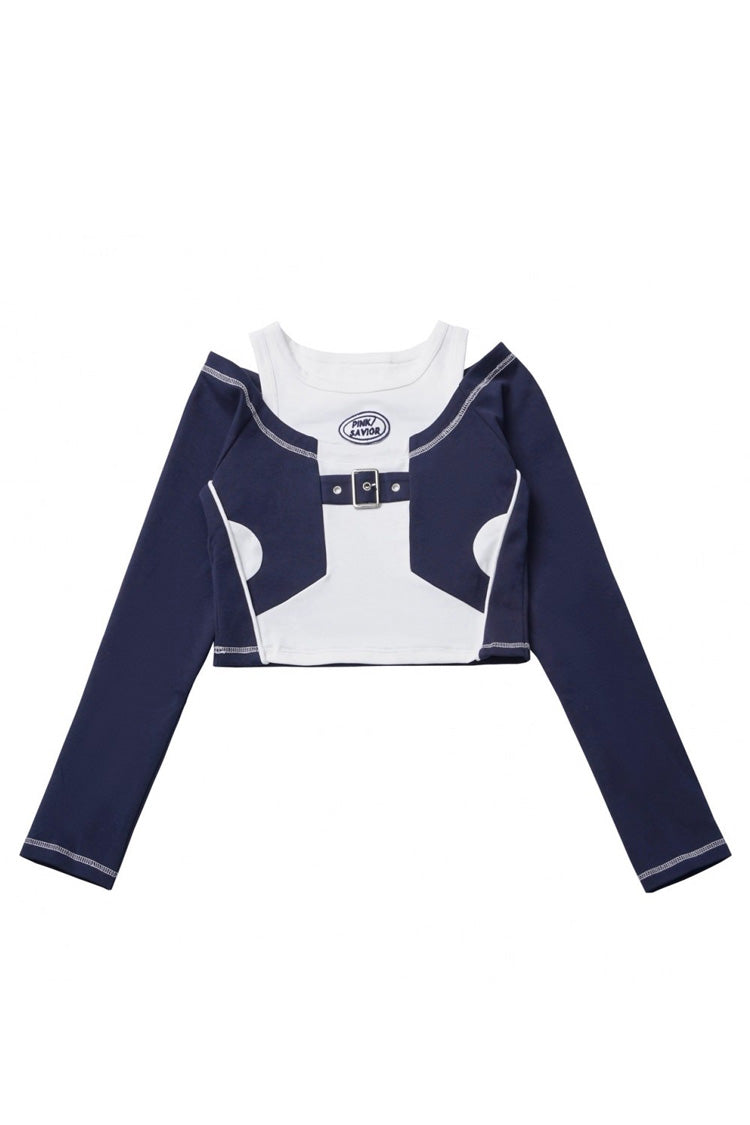 Blue White Techwear Embroidered Asymmetric Coat & Skirt Set